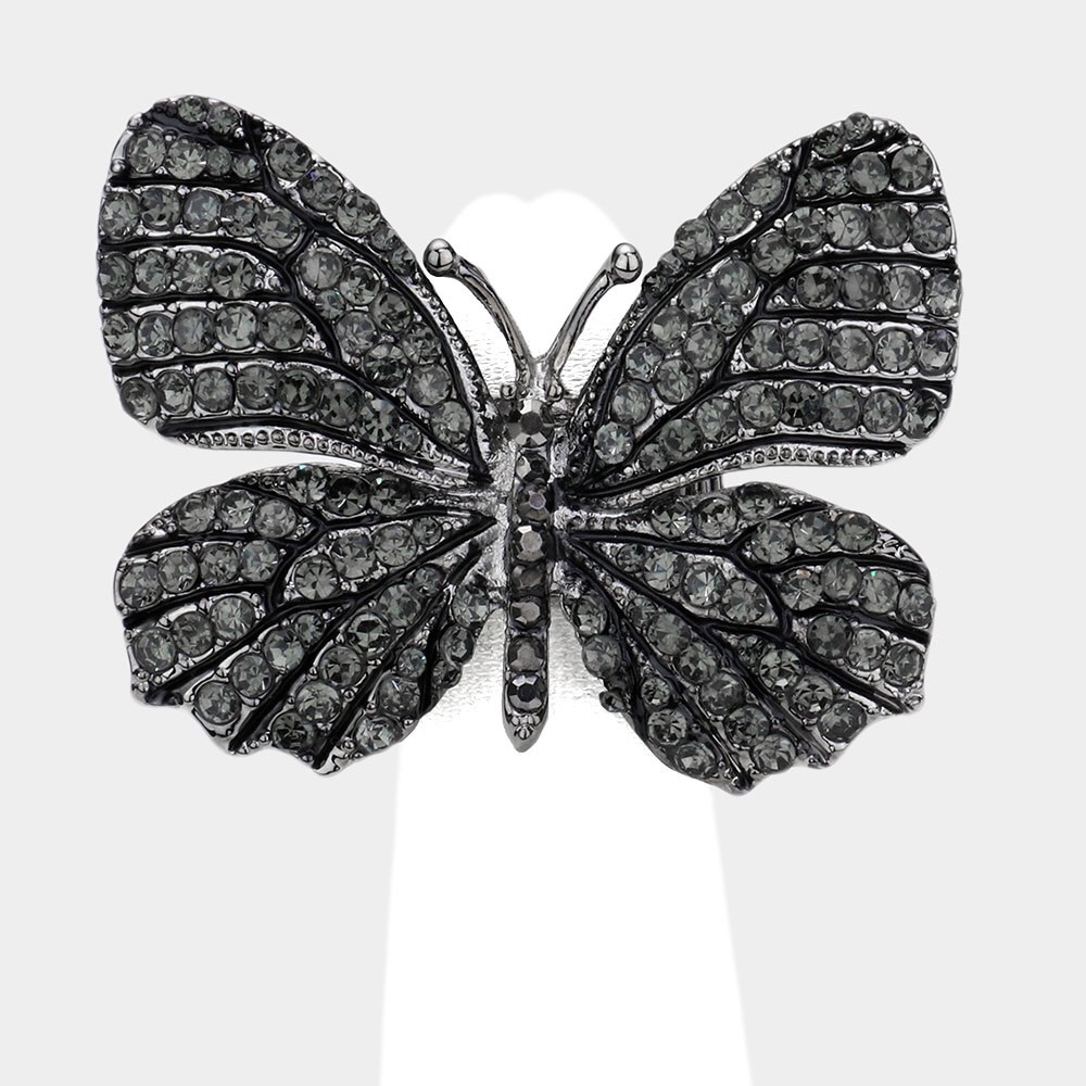 Black Rhinestone Embellished Metal Butterfly Stretch Ring